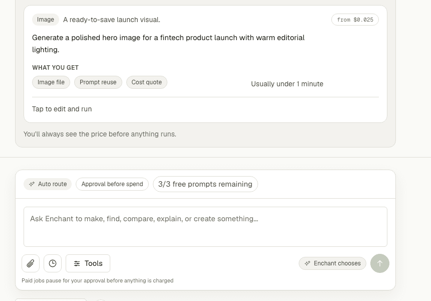 Enchant homepage showing example paid tools, price quotes, and approval before spend